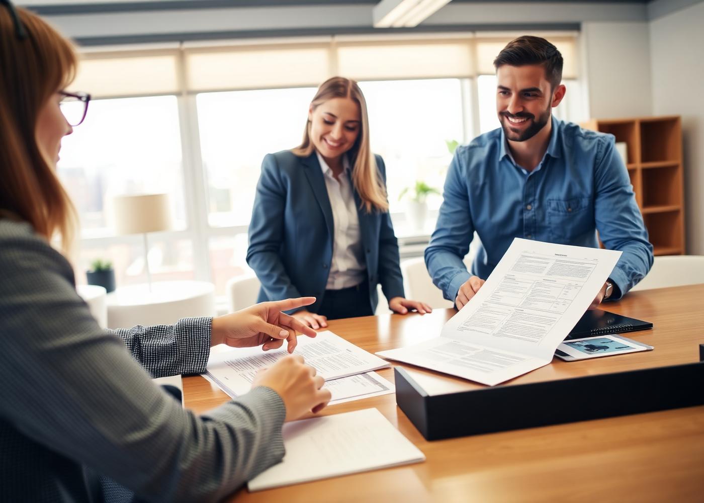 Advisor explaining documents to a couple