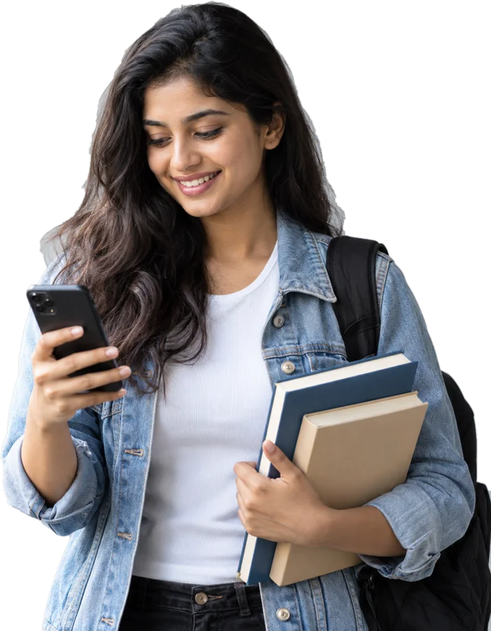 Smiling student checking her phone while holding books