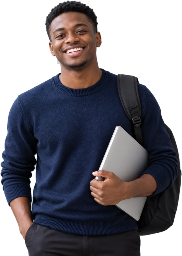 Smiling student holding a laptop with a backpack over one shoulder