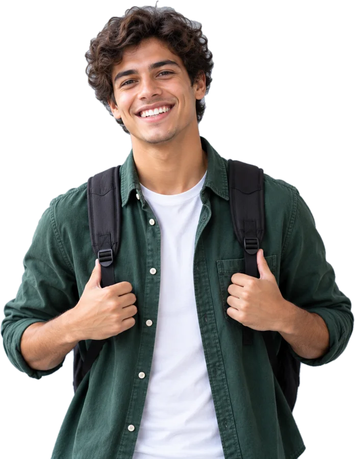 Smiling student holding his backpack straps