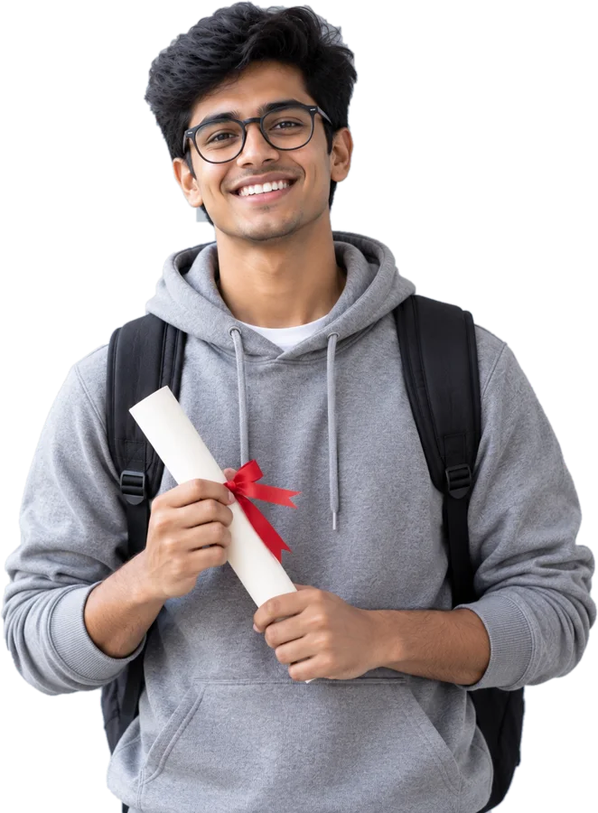 Smiling graduate in glasses holding a rolled degree certificate