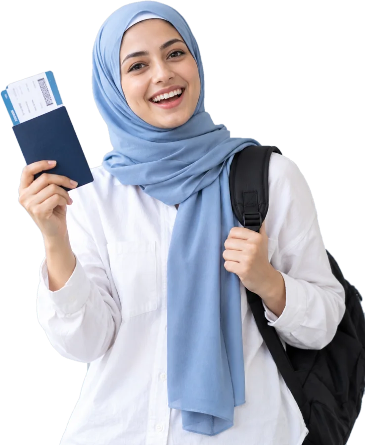 Excited student holding her passport and boarding pass