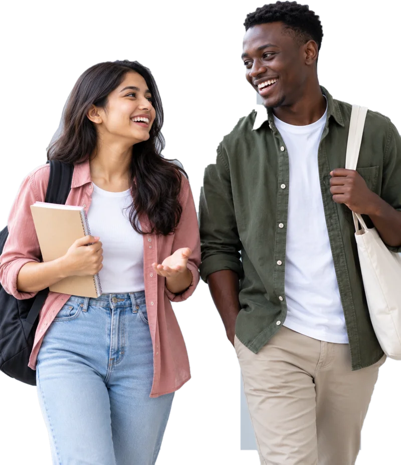 Two students walking and laughing together