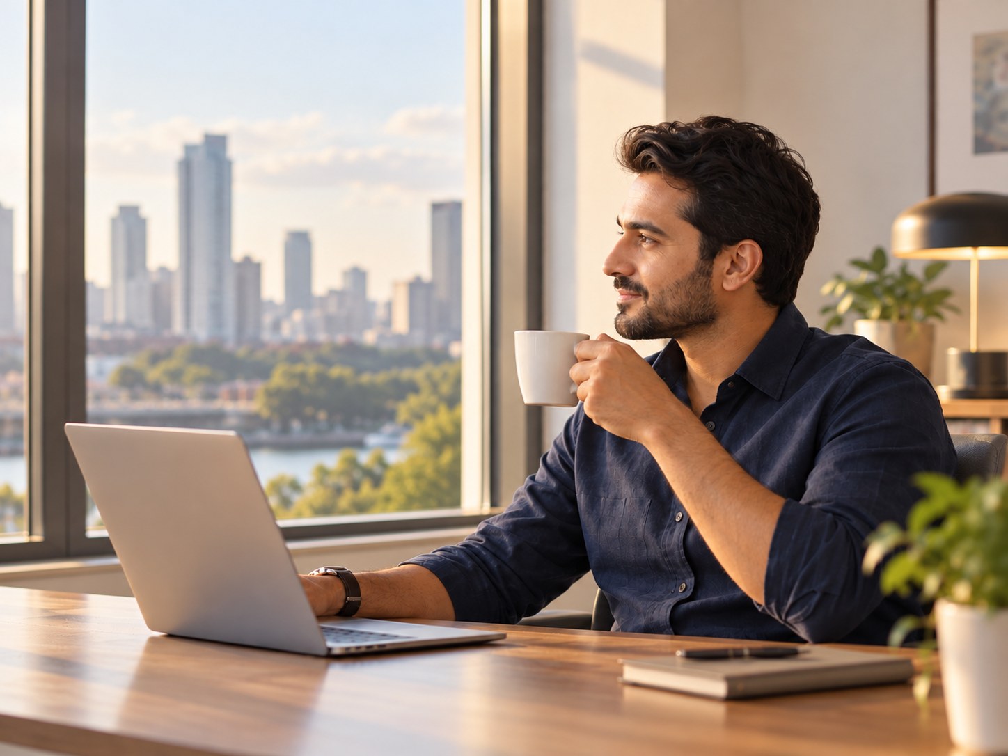 Professional working from a home office overlooking a city skyline